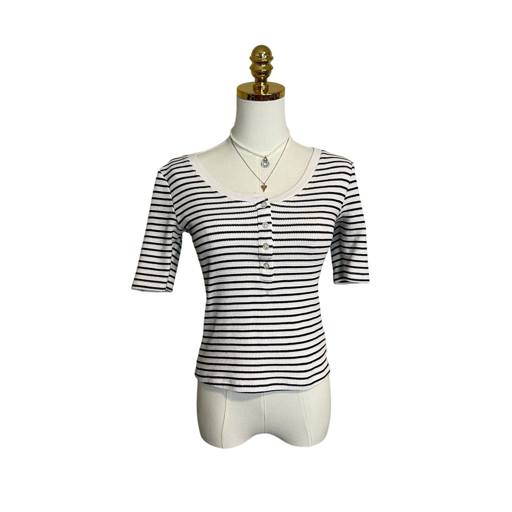 Joe's Jeans Womens Small Black White Striped Waffle Knit Henley Top Short Sleeve